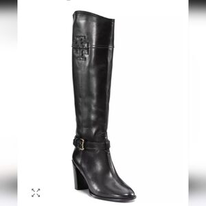 Tory Burch "Blaire" Leather Heeled Riding Boots In Black With Gold Hardware